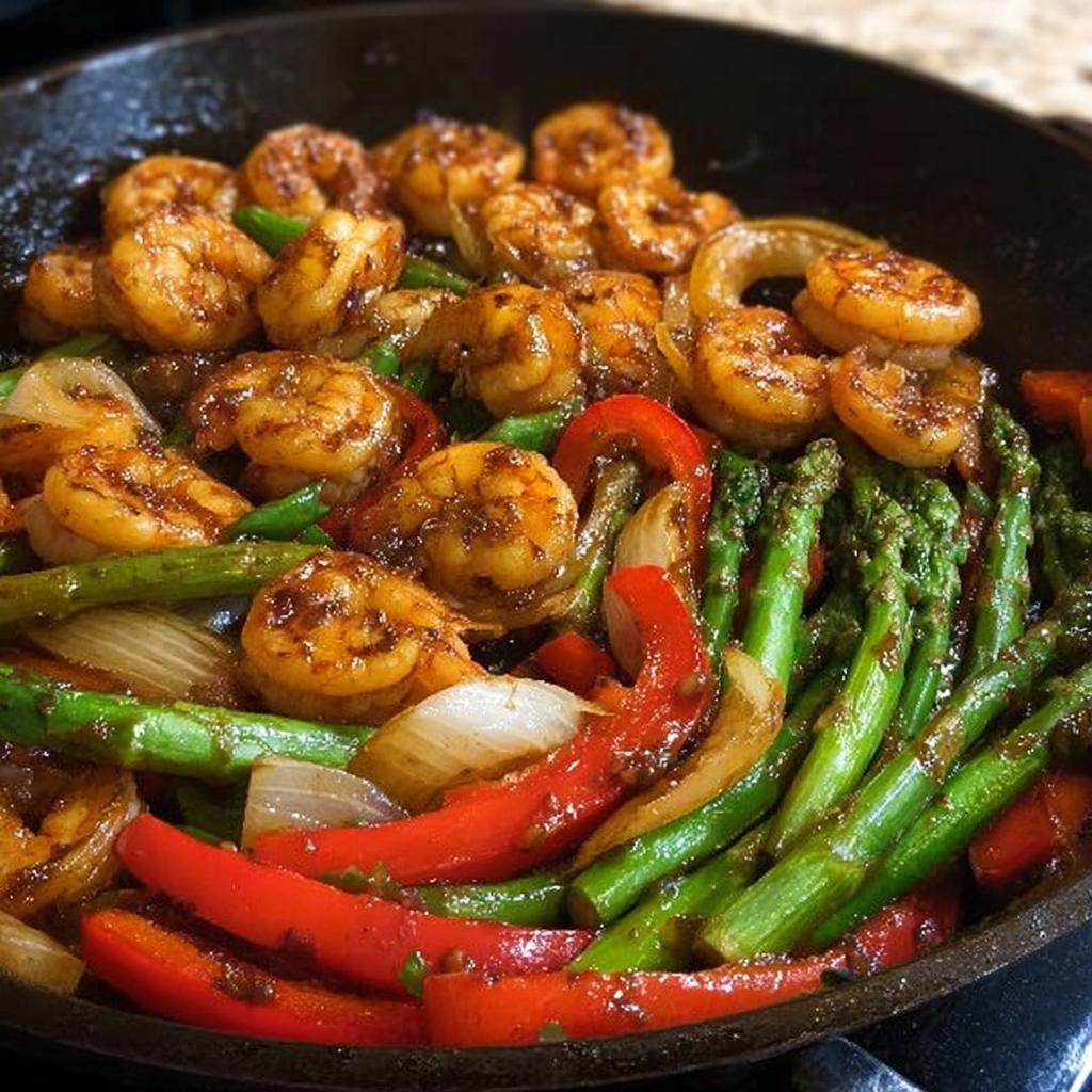 Close-up of Honey Garlic Shrimp Stir Fry with asparagus, red peppers, and onions in a cast iron skillet.