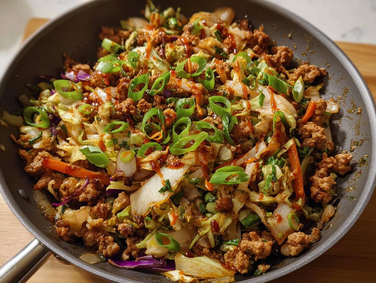 A close-up view of a 20-minute pork skillet stir-fry with cabbage, carrots, and green onions, drizzled with sauce.