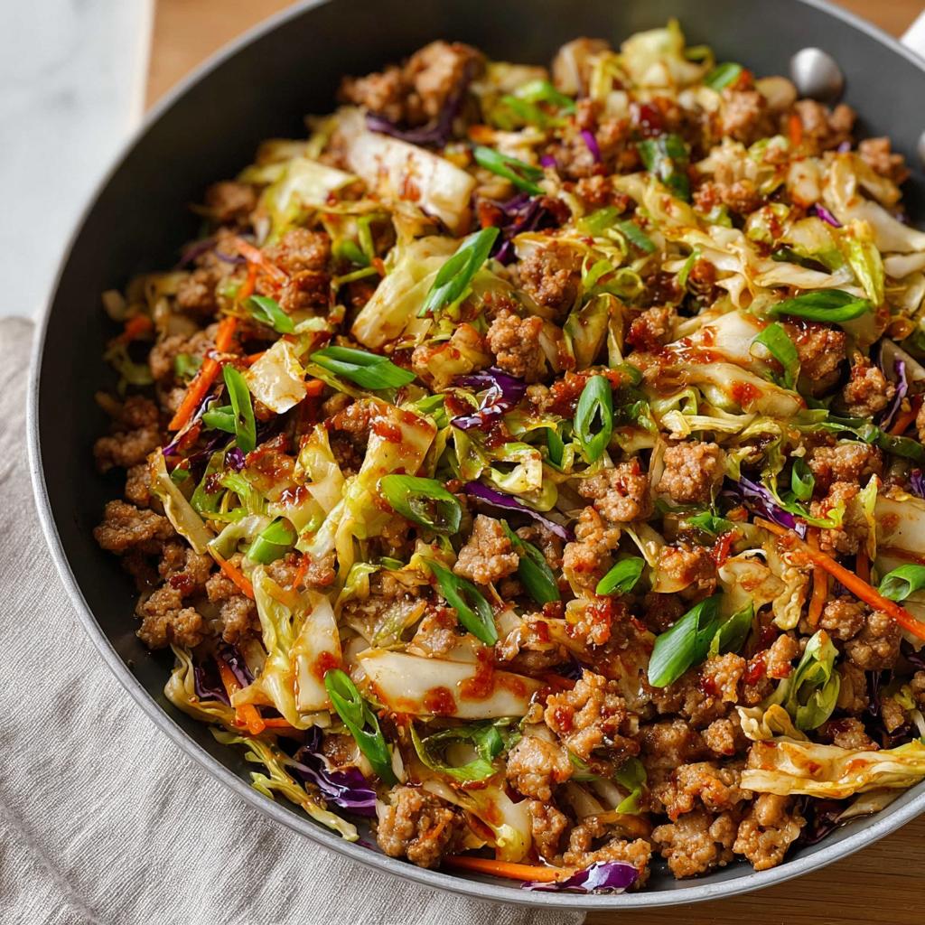 A close-up of a savory pork and cabbage stir-fry in a skillet, perfect for quick dinner ideas.