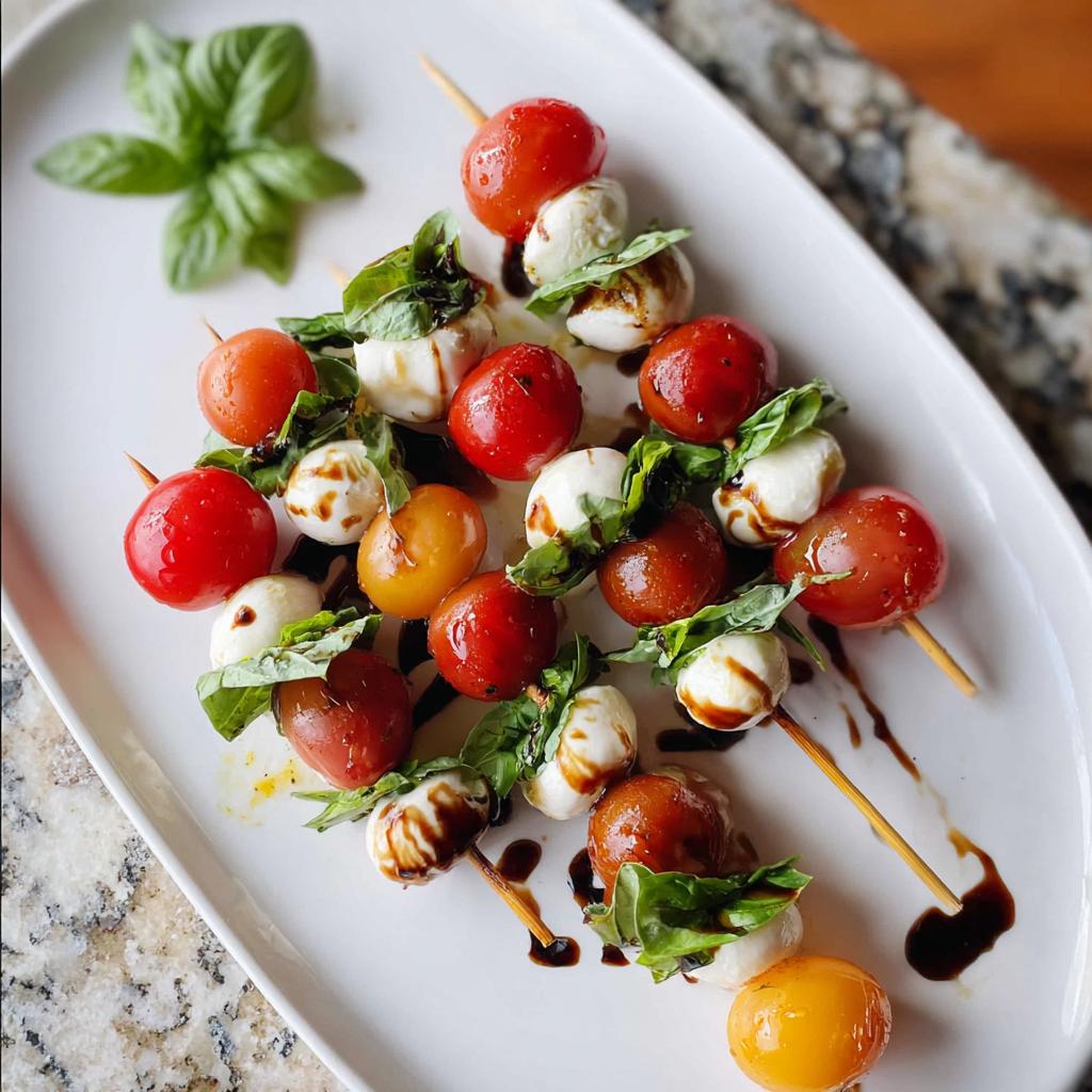 Close-up of several 5-Ingredient Caprese Skewers featuring cherry tomatoes, mozzarella balls, and basil drizzled with balsamic glaze.
