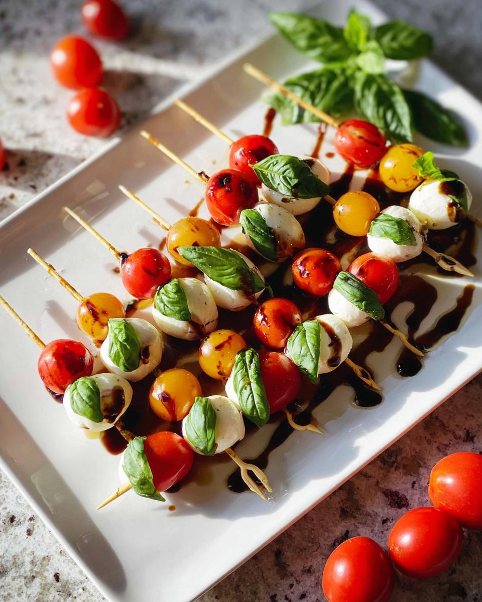 A white platter filled with 5-Ingredient Caprese Skewers featuring cherry tomatoes, mozzarella balls, and basil, drizzled with balsamic glaze.