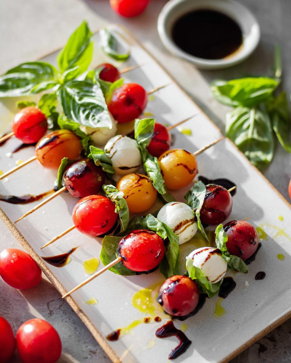 Close-up of several 5-Ingredient Caprese Skewers featuring cherry tomatoes, mozzarella balls, and basil, drizzled with balsamic glaze.
