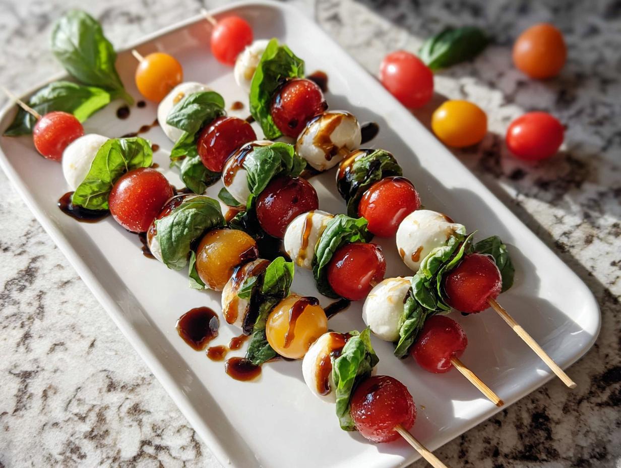 Three skewers of 5-Ingredient Caprese Skewers featuring mozzarella balls, cherry tomatoes, and basil, drizzled with balsamic glaze.