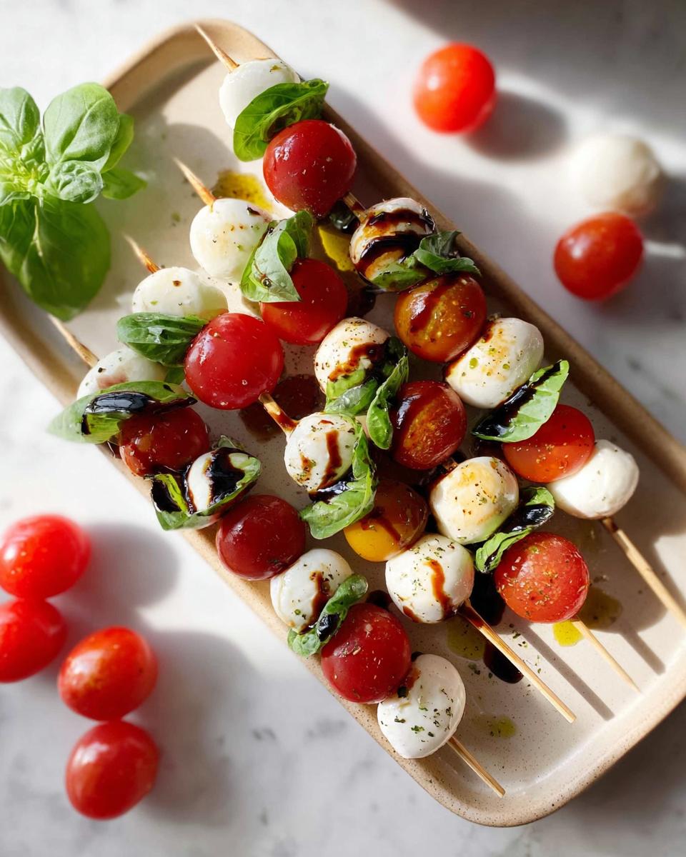 Close-up of several 5-Ingredient Caprese Skewers featuring cherry tomatoes, mozzarella balls, and basil, drizzled with balsamic glaze.
