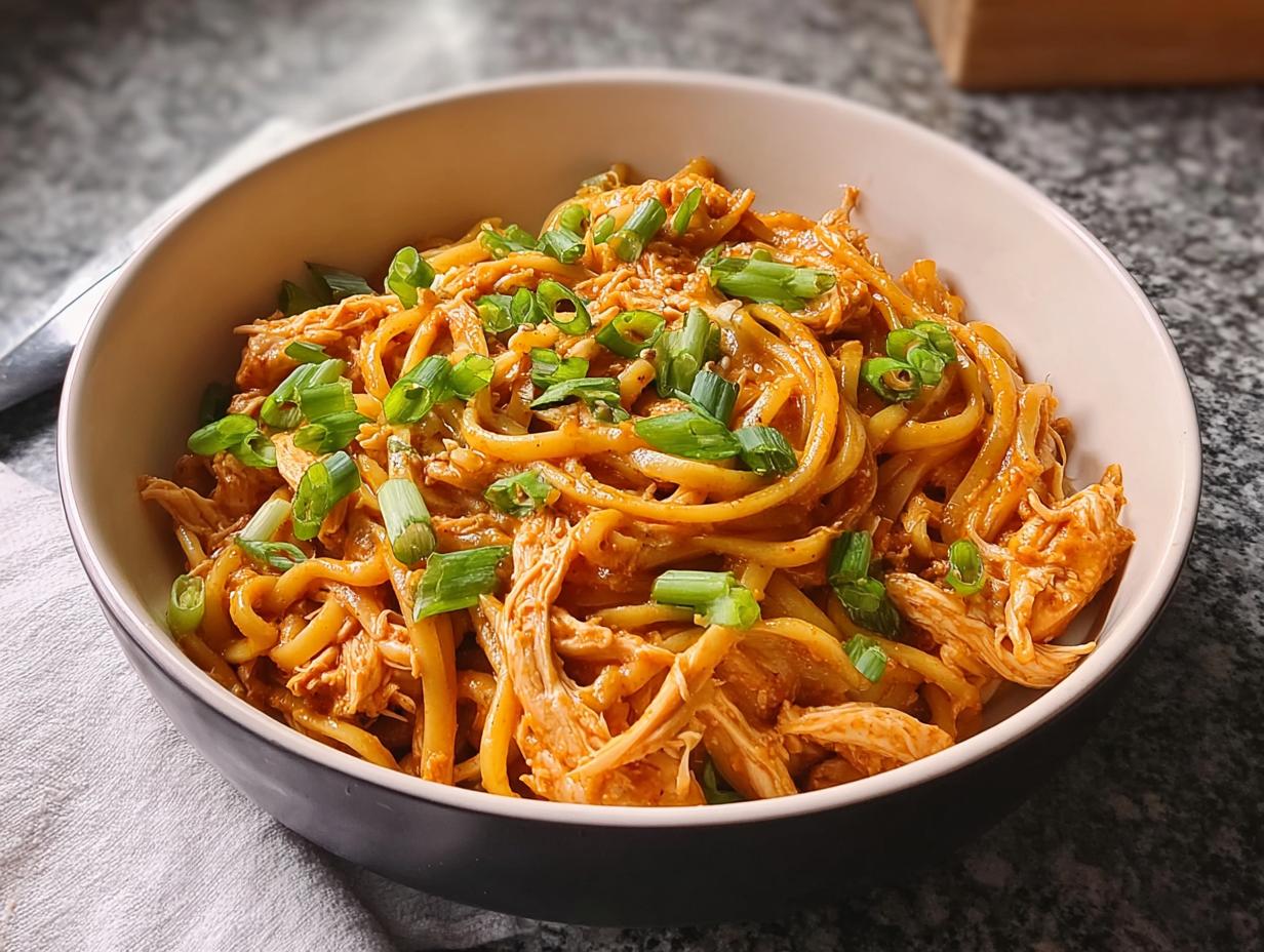 A bowl of creamy peanut noodles with shredded chicken and green onions, a perfect 5-ingredient dinner idea.