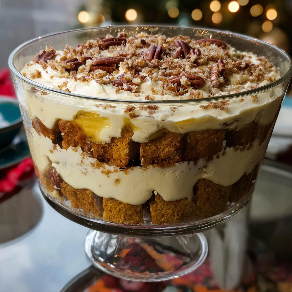 A festive trifle dessert with layers of cake, cream, and pecans, perfect for 5-Ingredient Thanksgiving Desserts.