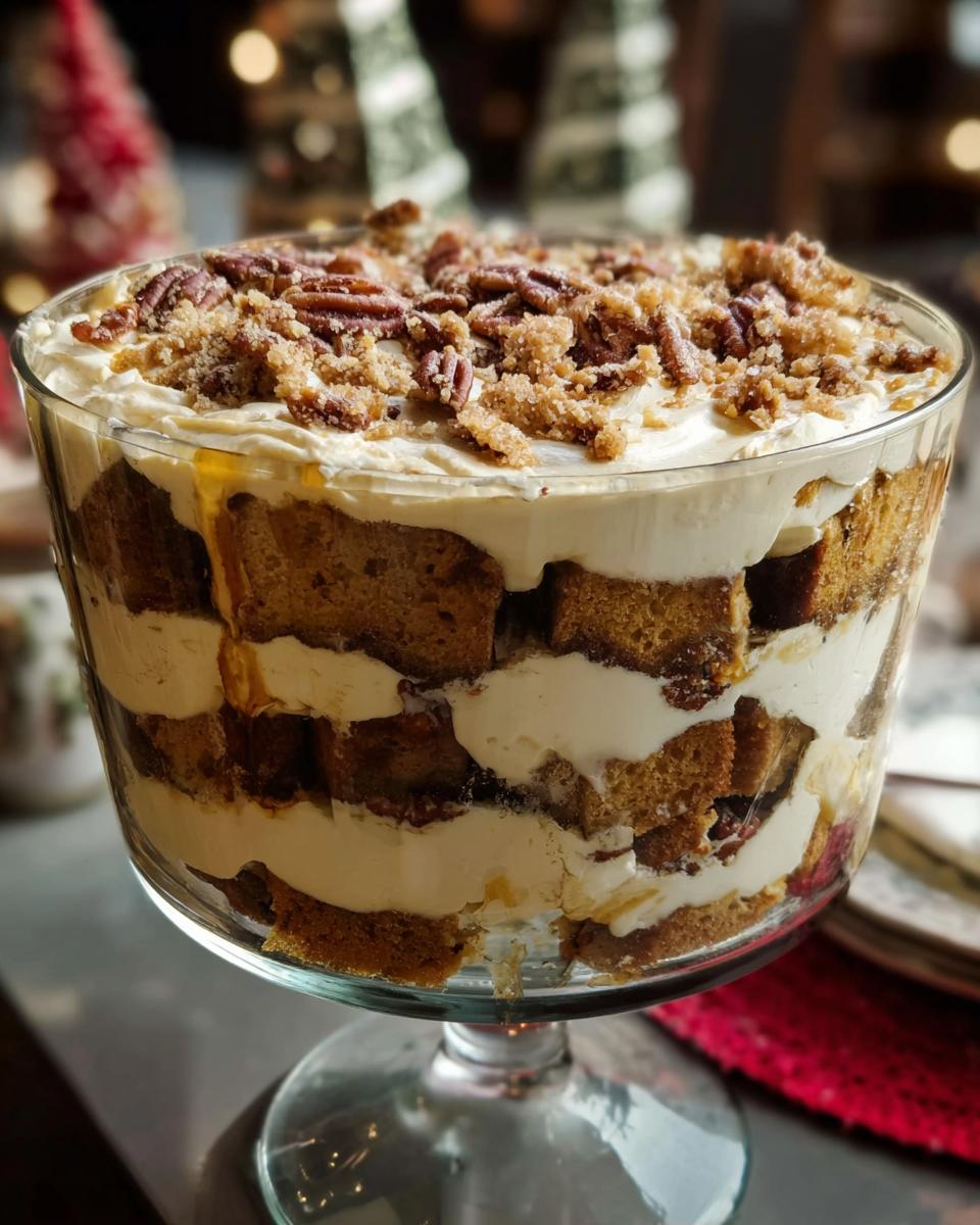 A layered trifle dessert with cake pieces, cream, and pecans, perfect for 5-Ingredient Thanksgiving Desserts.