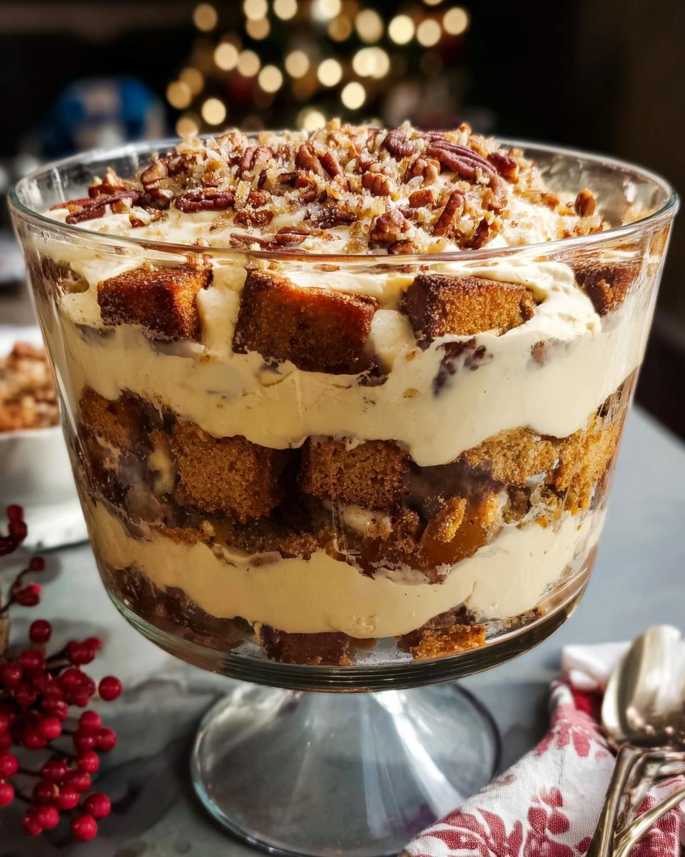 A layered trifle dessert with cake cubes, creamy filling, and a pecan topping, perfect for 5-Ingredient Thanksgiving Desserts.
