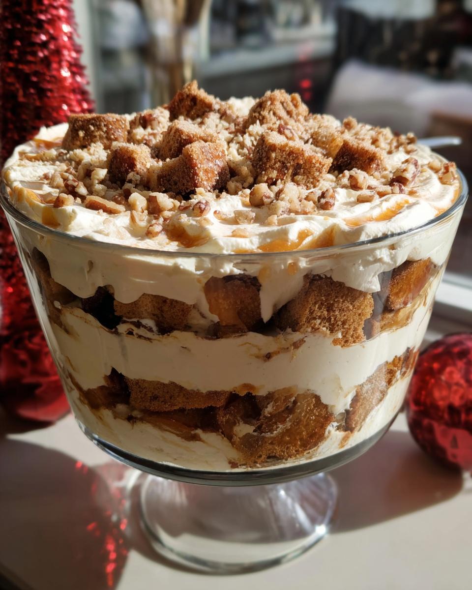 A beautiful layered trifle dessert with whipped cream, cake pieces, and caramel, perfect for 5-Ingredient Thanksgiving Desserts.