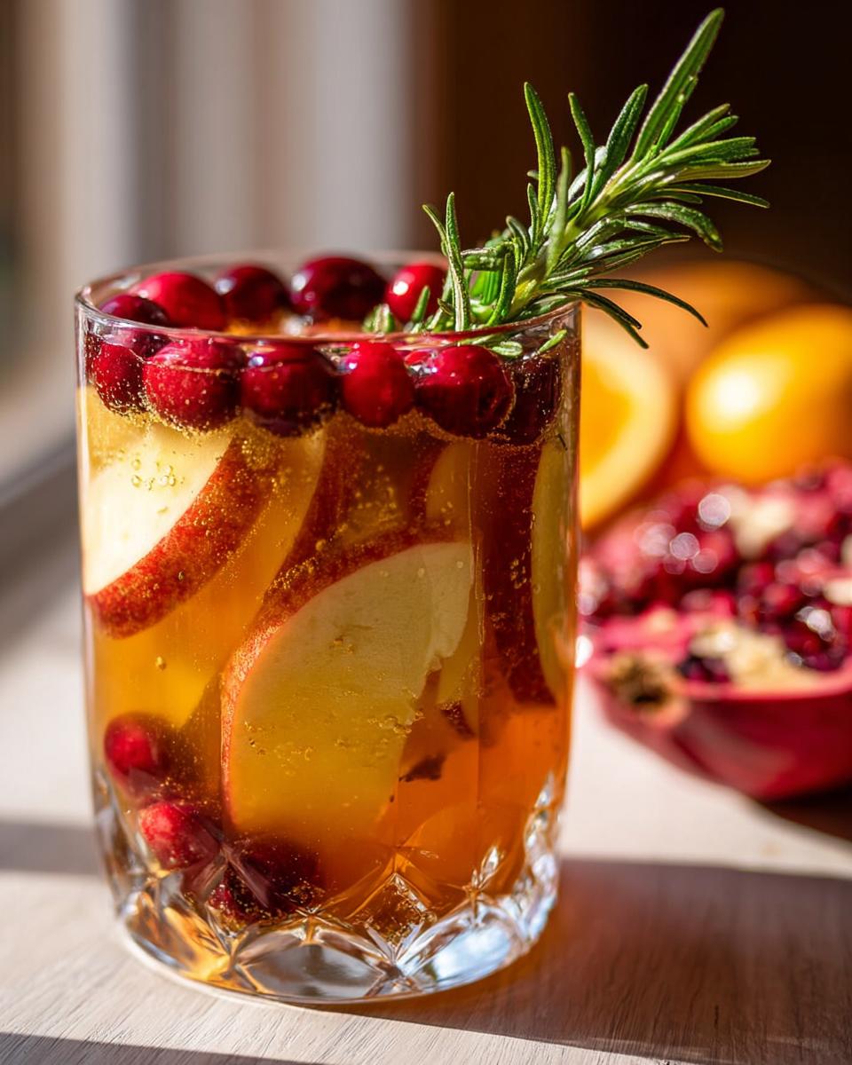 A refreshing 5-ingredient Thanksgiving drink in a crystal glass, filled with apple slices, cranberries, and garnished with rosemary.