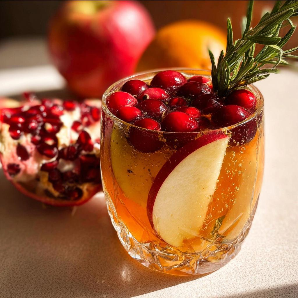 A festive 5-Ingredient Thanksgiving Drink garnished with fresh cranberries, apple slices, and rosemary.
