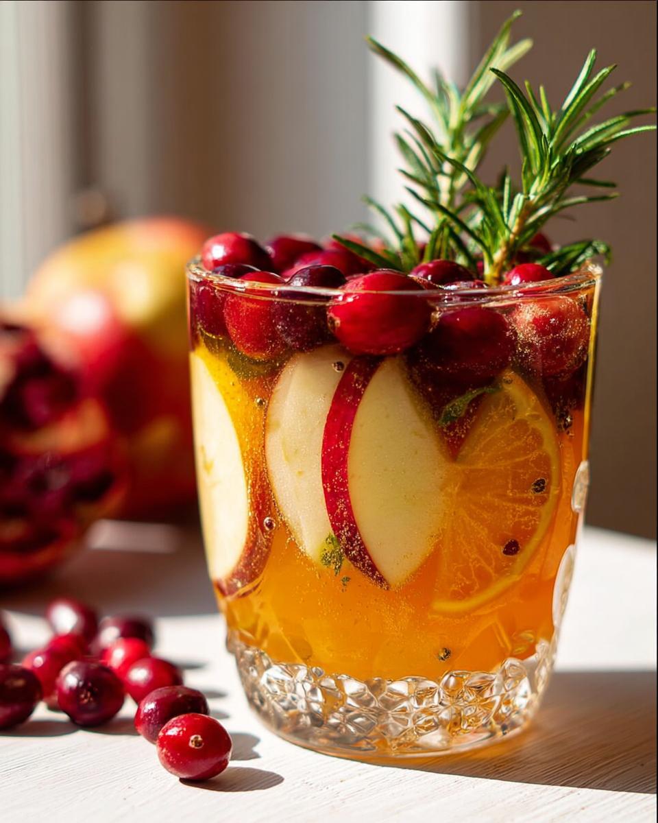A festive 5-ingredient Thanksgiving drink with fresh cranberries, apple slices, orange slices, and rosemary garnish.