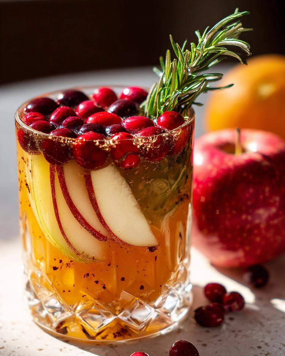 A refreshing 5-ingredient Thanksgiving drink in a crystal glass, garnished with fresh cranberries, apple slices, and rosemary.
