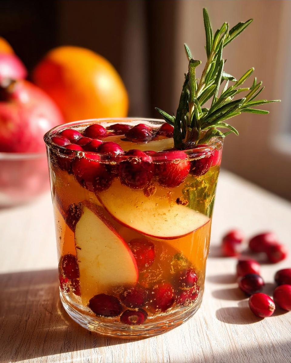 A refreshing 5-ingredient Thanksgiving drink with apple slices, cranberries, and a rosemary sprig.