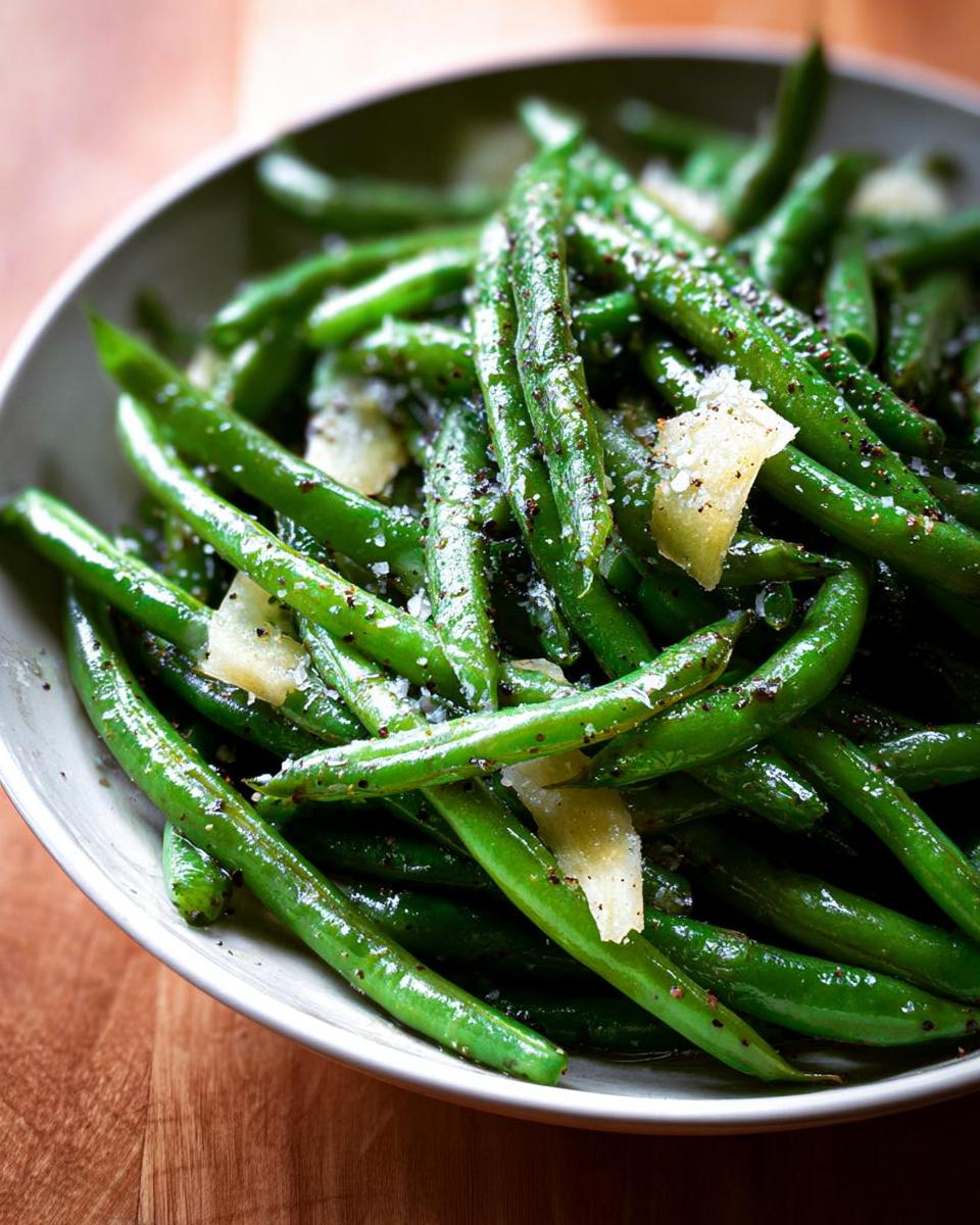A close-up of a bowl of glossy 5-Ingredient Thanksgiving Green Beans, seasoned with salt and pepper, and topped with shaved Parmesan.