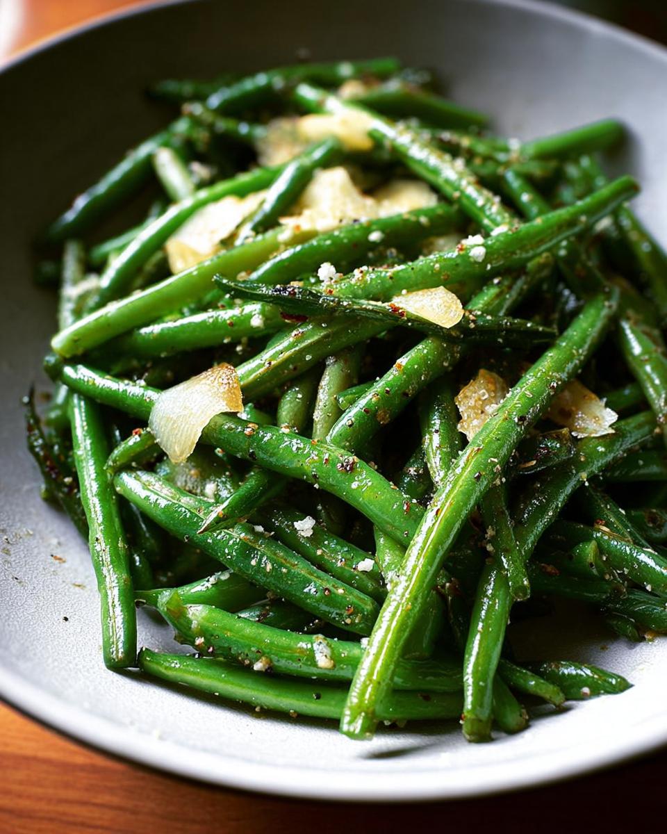 Close-up of 5-Ingredient Thanksgiving Green Beans, glistening and seasoned with garlic and pepper.
