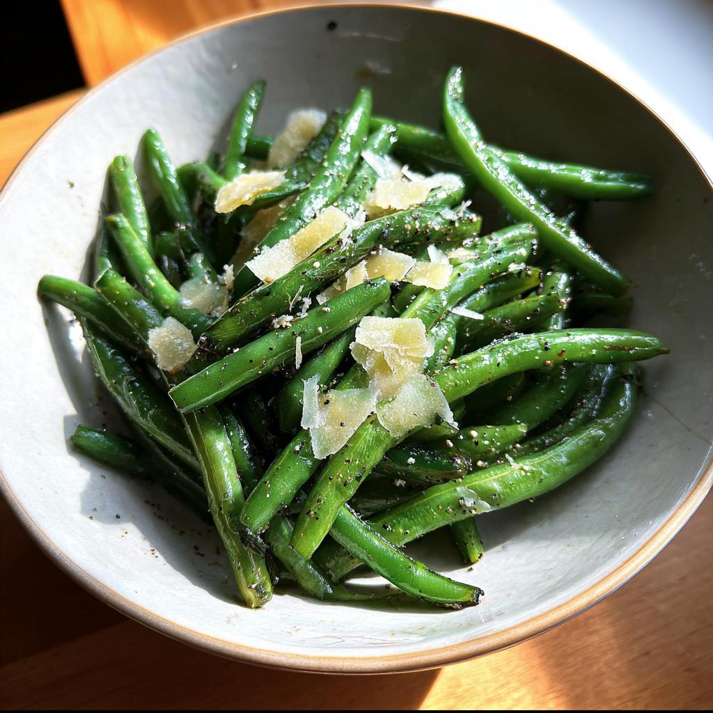 A close-up of a bowl filled with vibrant green beans, seasoned with black pepper and topped with shaved Parmesan cheese.