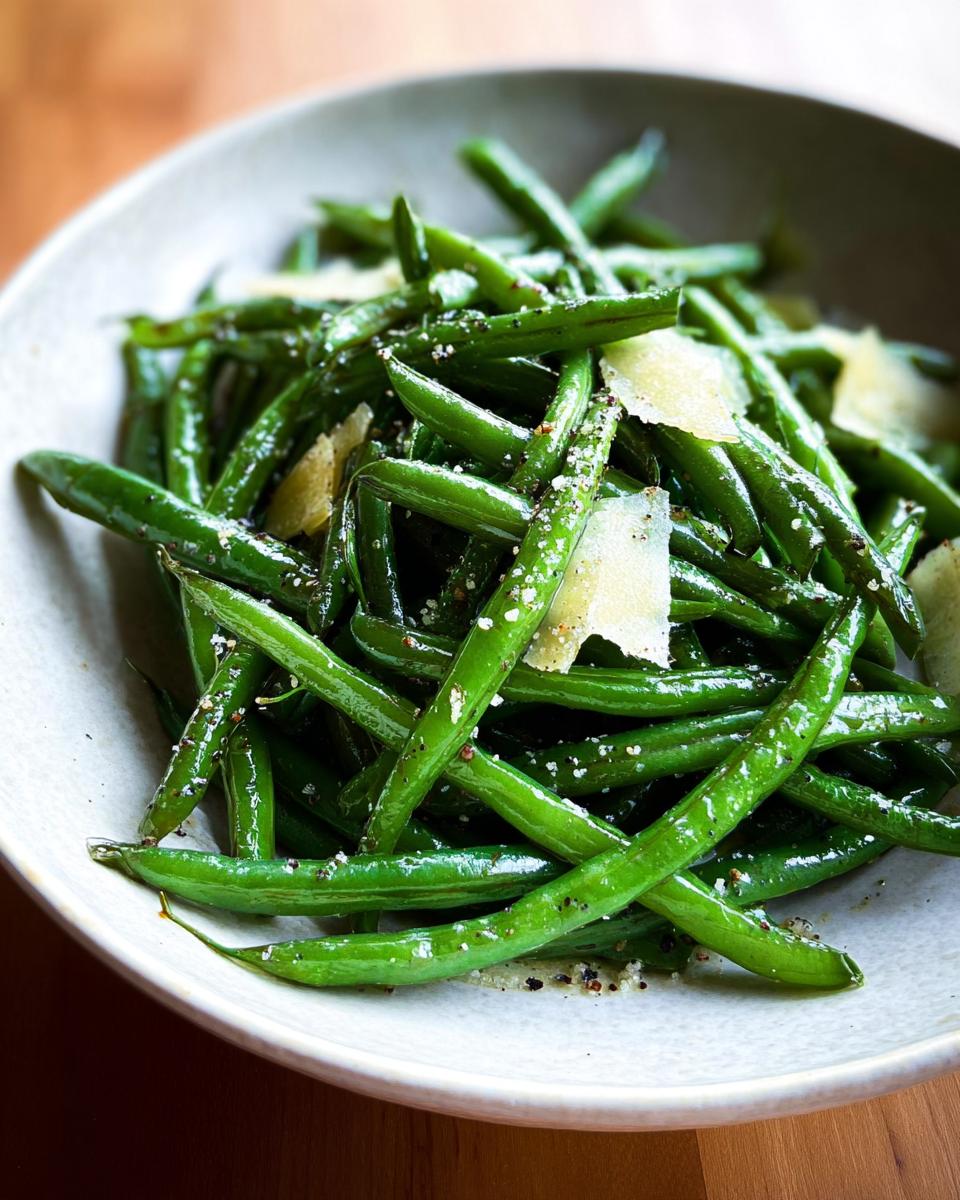 Close-up of 5-Ingredient Thanksgiving Green Beans topped with shaved Parmesan cheese and cracked black pepper.