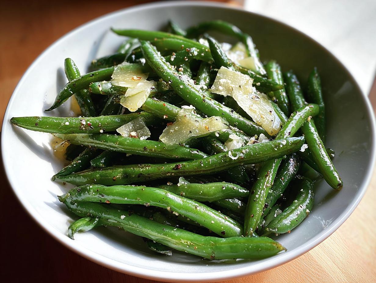 A close-up of a bowl of 5-Ingredient Thanksgiving Green Beans, tossed with Parmesan cheese and pepper.