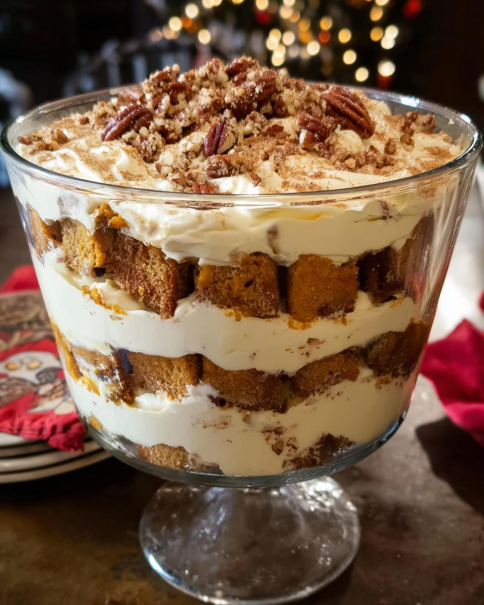 A layered pumpkin trifle with cake cubes and cream, topped with pecans and cinnamon, perfect for 5-Ingredient Thanksgiving Desserts.