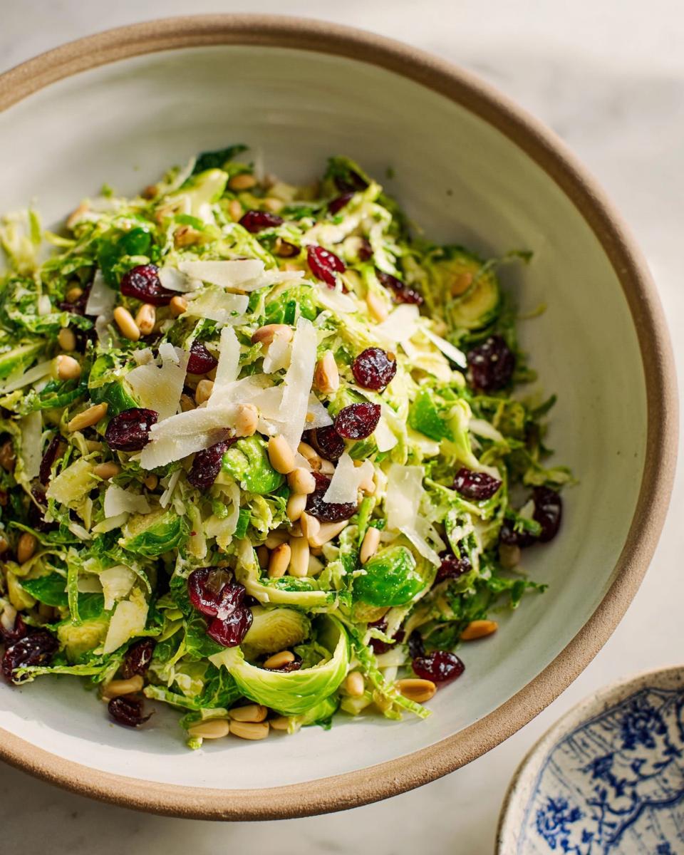 Close-up of a 5-ingredient Thanksgiving salad featuring shredded Brussels sprouts, dried cranberries, pine nuts, and shaved Parmesan.