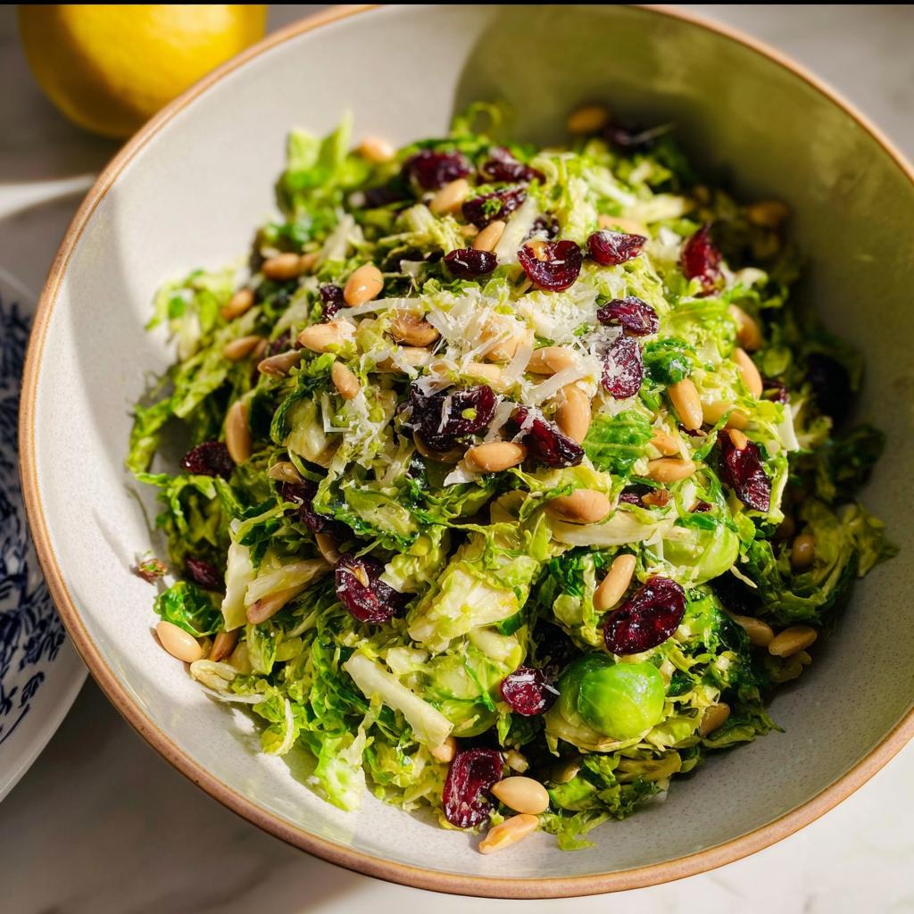 A vibrant bowl of 5-Ingredient Thanksgiving Salad featuring shredded Brussels sprouts, dried cranberries, pine nuts, and shaved Parmesan.