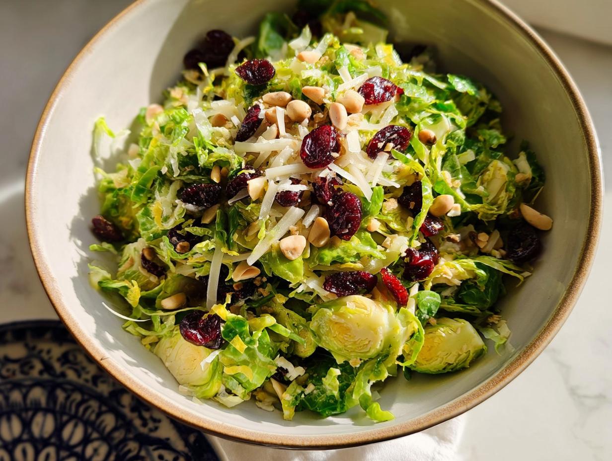 Close-up of a 5-ingredient Thanksgiving salad featuring shredded Brussels sprouts, dried cranberries, chopped peanuts, and shredded cheese.