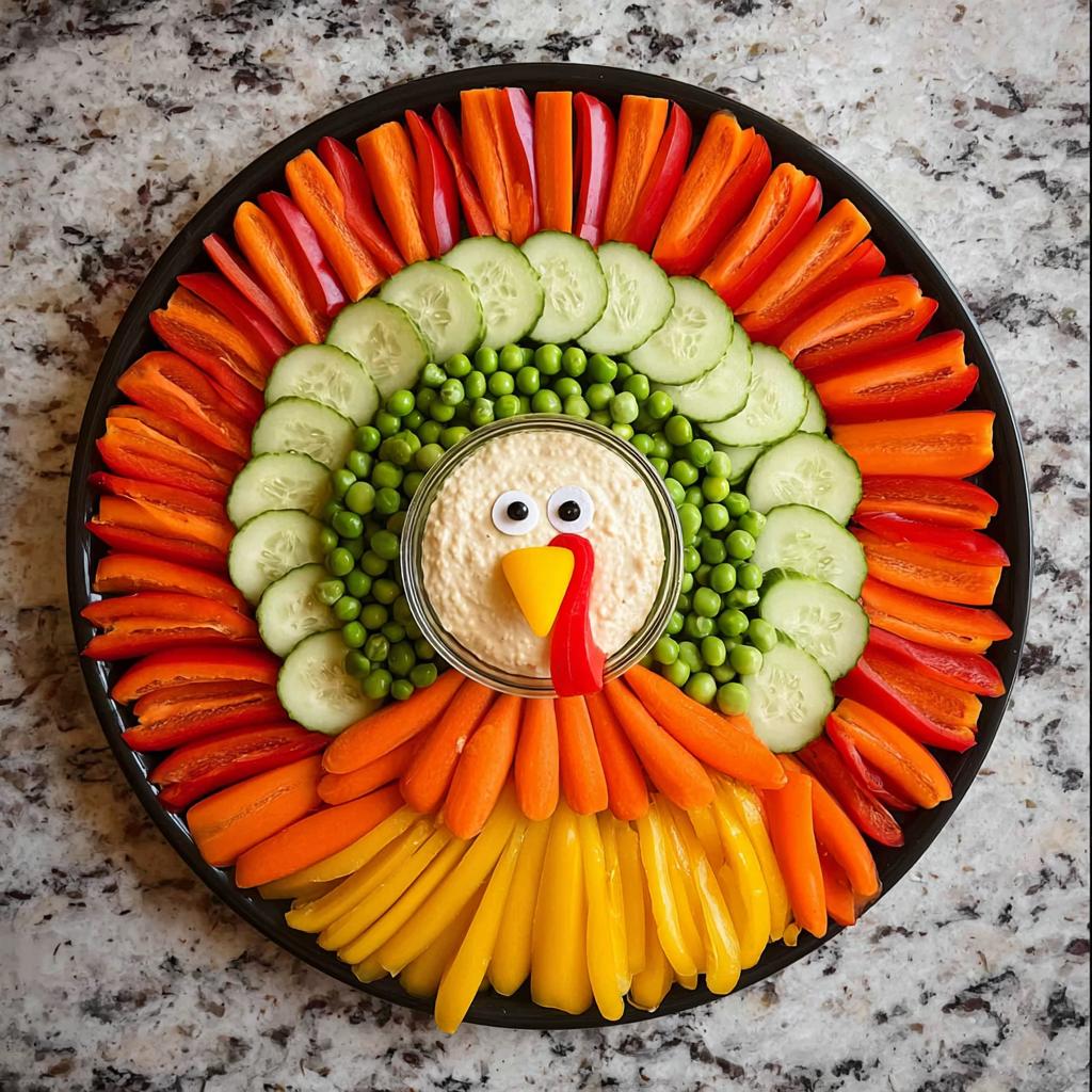 A festive 5-Ingredient Thanksgiving Veggie Tray arranged in the shape of a turkey, featuring colorful vegetable sticks and a hummus dip.