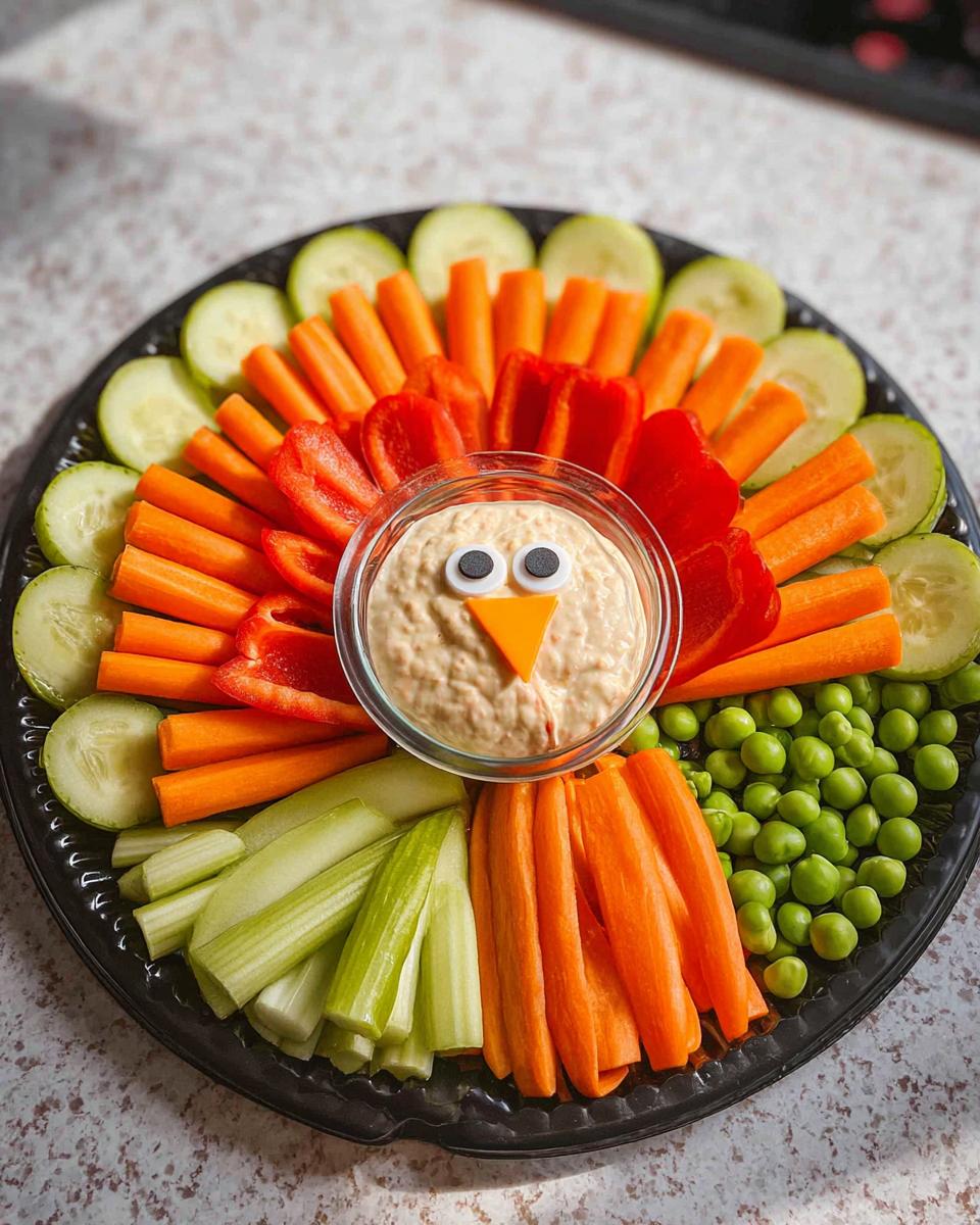 A fun turkey-shaped 5-Ingredient Thanksgiving Veggie Tray with hummus as the face, surrounded by carrots, cucumber, celery, red pepper, and peas.