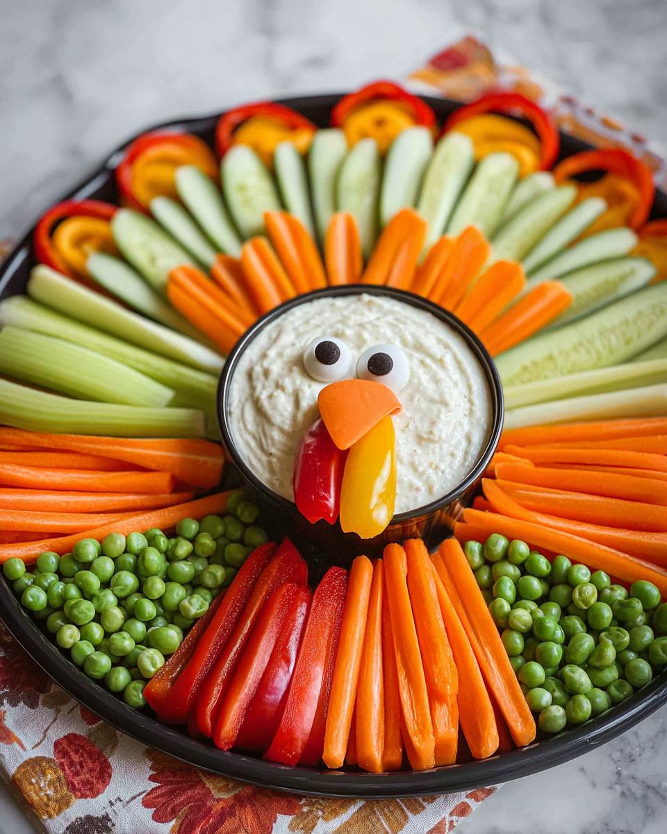 A fun turkey-shaped 5-Ingredient Thanksgiving Veggie Tray with colorful vegetables and dip.