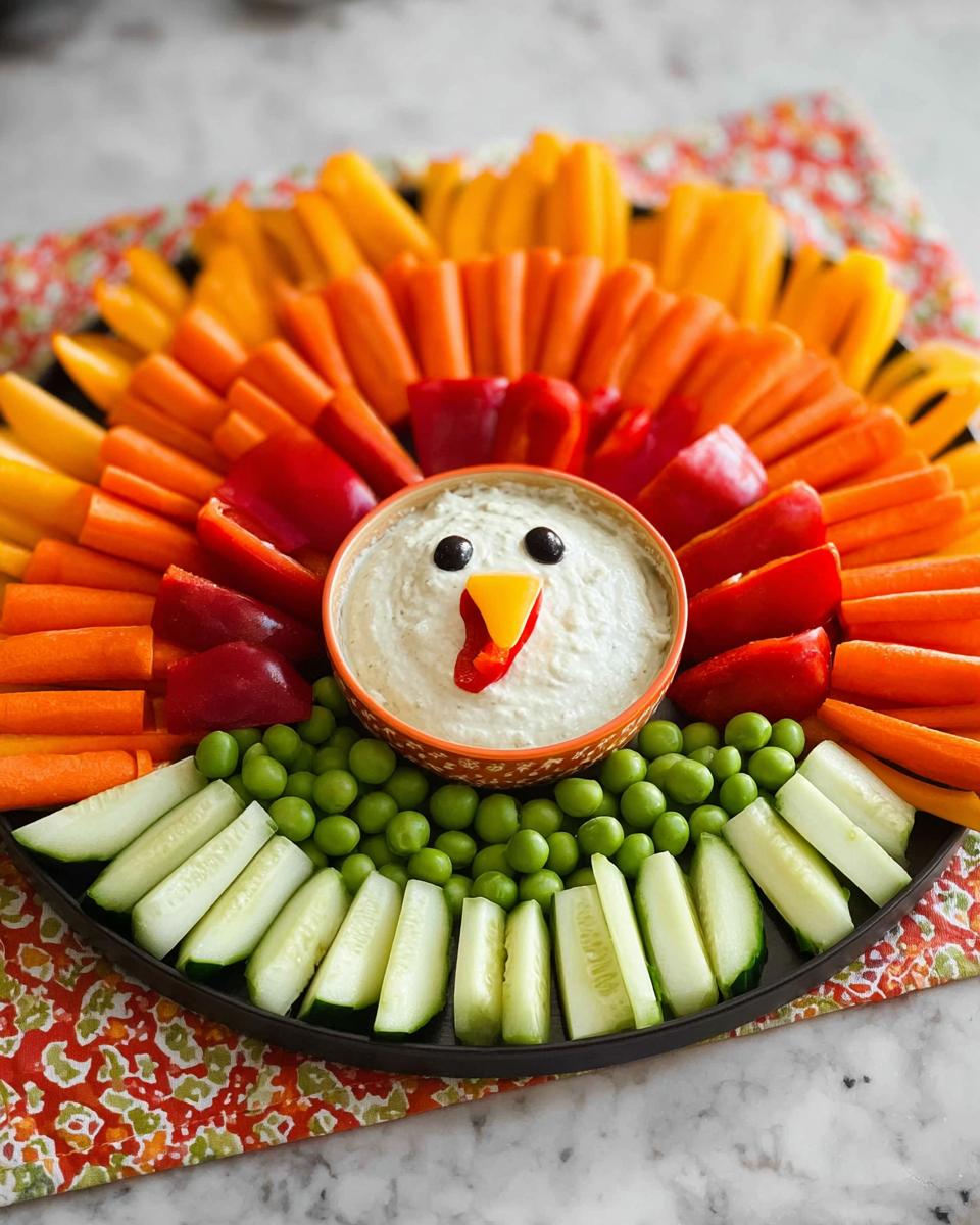 A festive 5-Ingredient Thanksgiving Veggie Tray arranged in the shape of a turkey, featuring colorful vegetable sticks and dip.