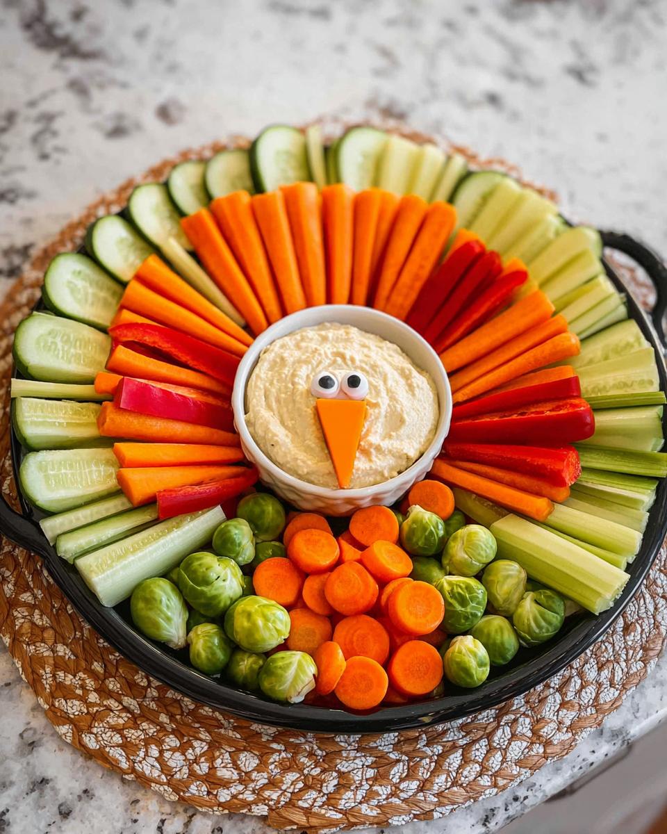 A fun turkey-shaped 5-Ingredient Thanksgiving Veggie Tray with hummus as the body and assorted vegetable sticks for feathers.