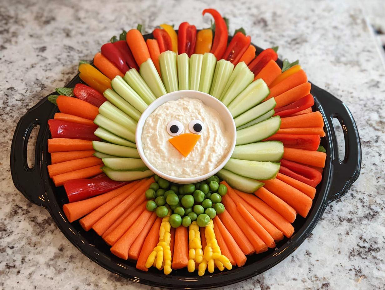 A festive 5-Ingredient Thanksgiving Veggie Tray arranged in the shape of a turkey, featuring colorful vegetables and dip.