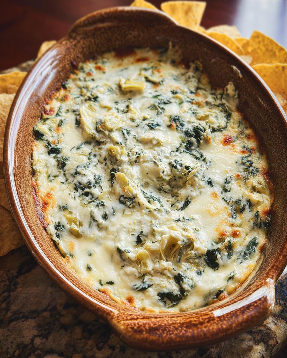 Close-up of creamy, cheesy Baked Spinach Artichoke Dip bubbling hot in a brown oval dish with tortilla chips nearby.