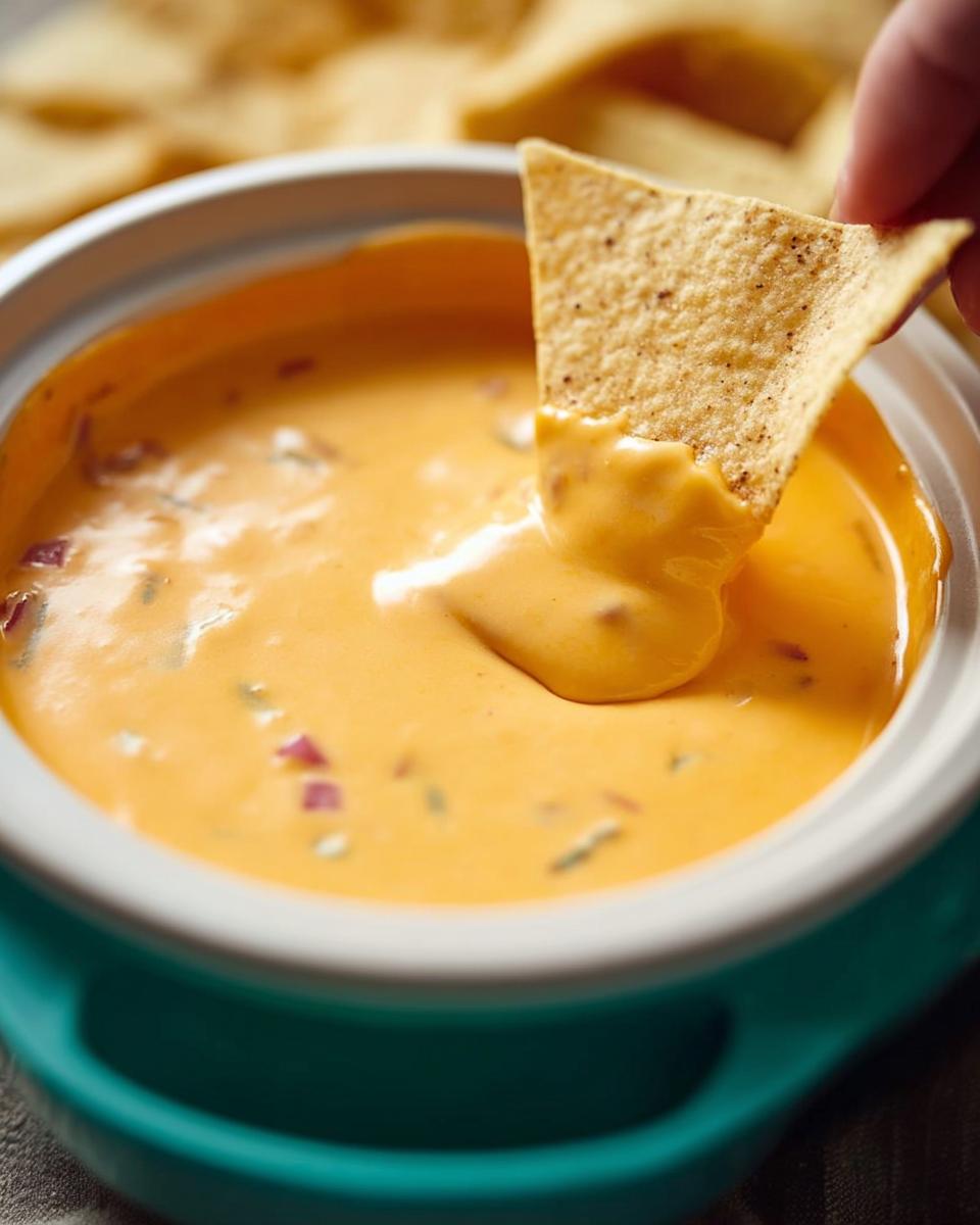 A tortilla chip being dipped into a bowl of creamy, orange Queso Dip with visible bits of red onion and peppers.
