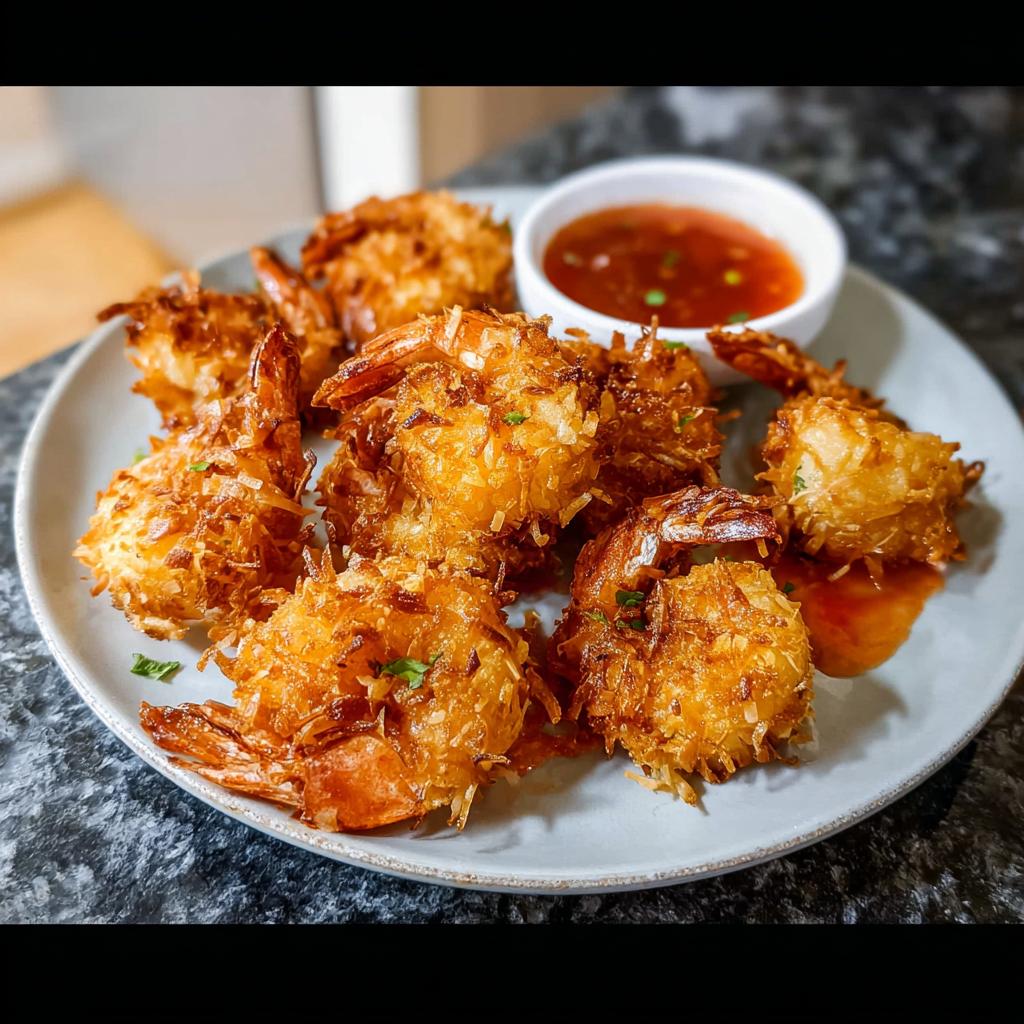 A plate of golden brown Air Fryer Crispy Coconut Shrimp served with a side of dipping sauce.
