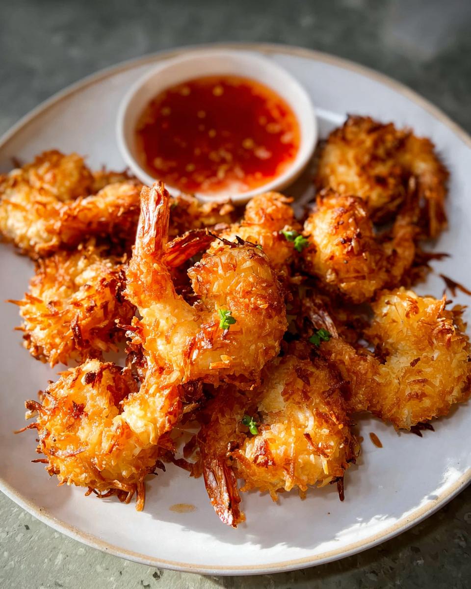 A plate of golden brown Air Fryer Crispy Coconut Shrimp served with a side of dipping sauce.