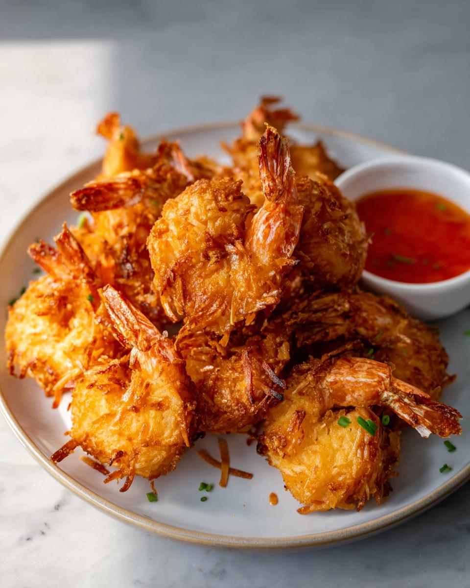 A plate of golden-brown Air Fryer Crispy Coconut Shrimp served with a side of sweet chili dipping sauce.