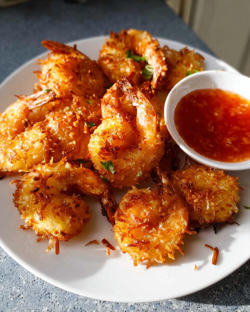 A white plate filled with golden-brown Air Fryer Crispy Coconut Shrimp, served with a small bowl of red dipping sauce.