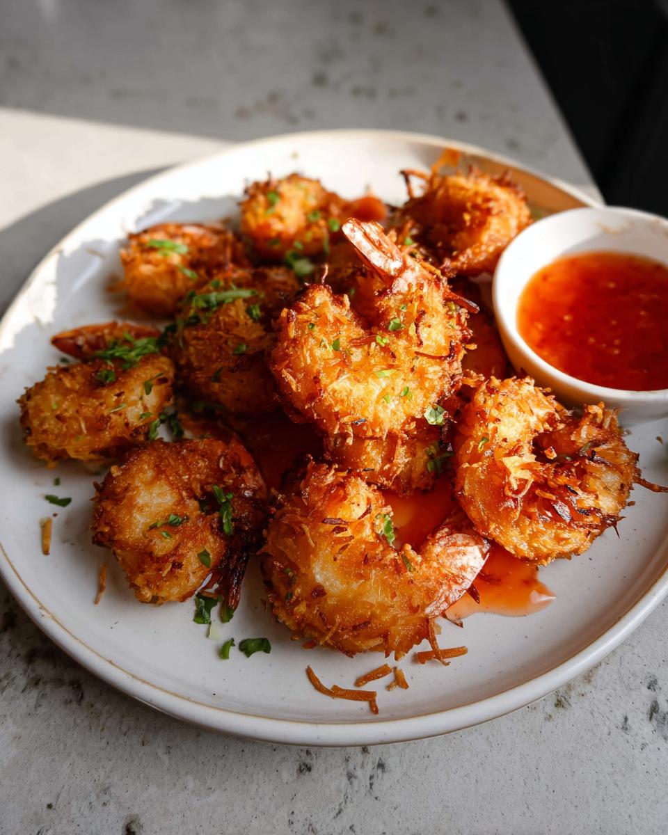 A plate of golden brown Air Fryer Crispy Coconut Shrimp served with sweet chili dipping sauce and garnished with parsley.