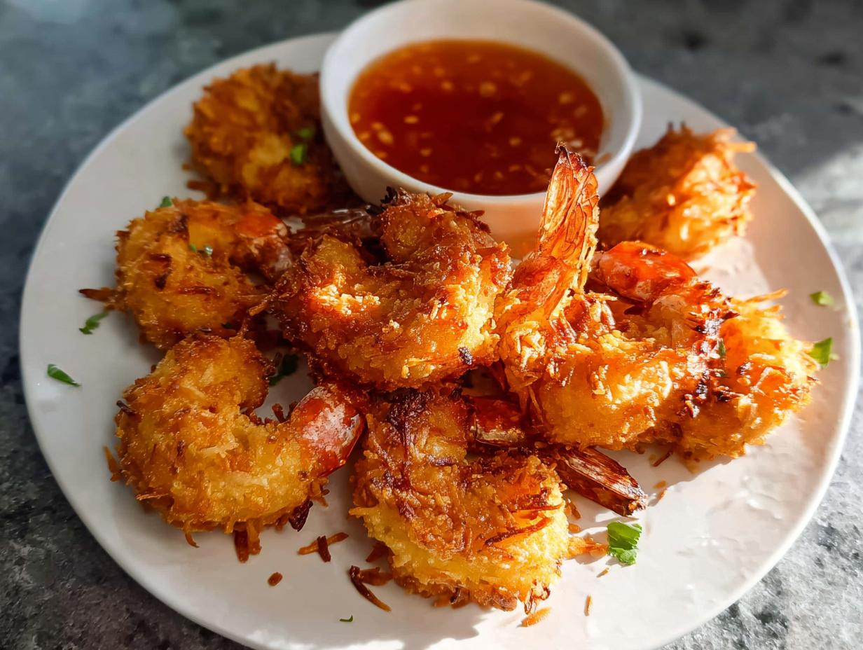 A plate of golden brown Air Fryer Crispy Coconut Shrimp served with a dipping sauce.