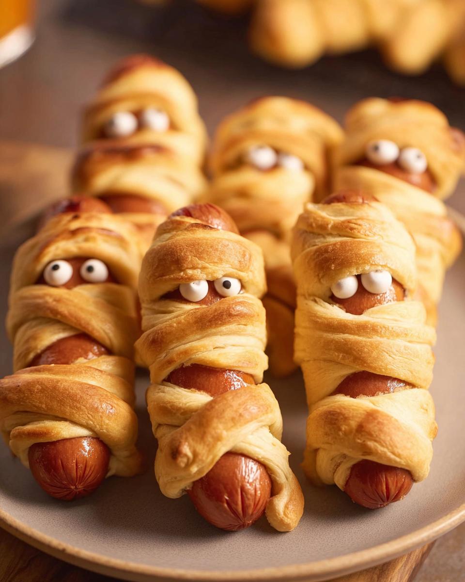 Close-up of golden-brown Air Fryer Mummy Dogs wrapped in pastry with candy eyes.