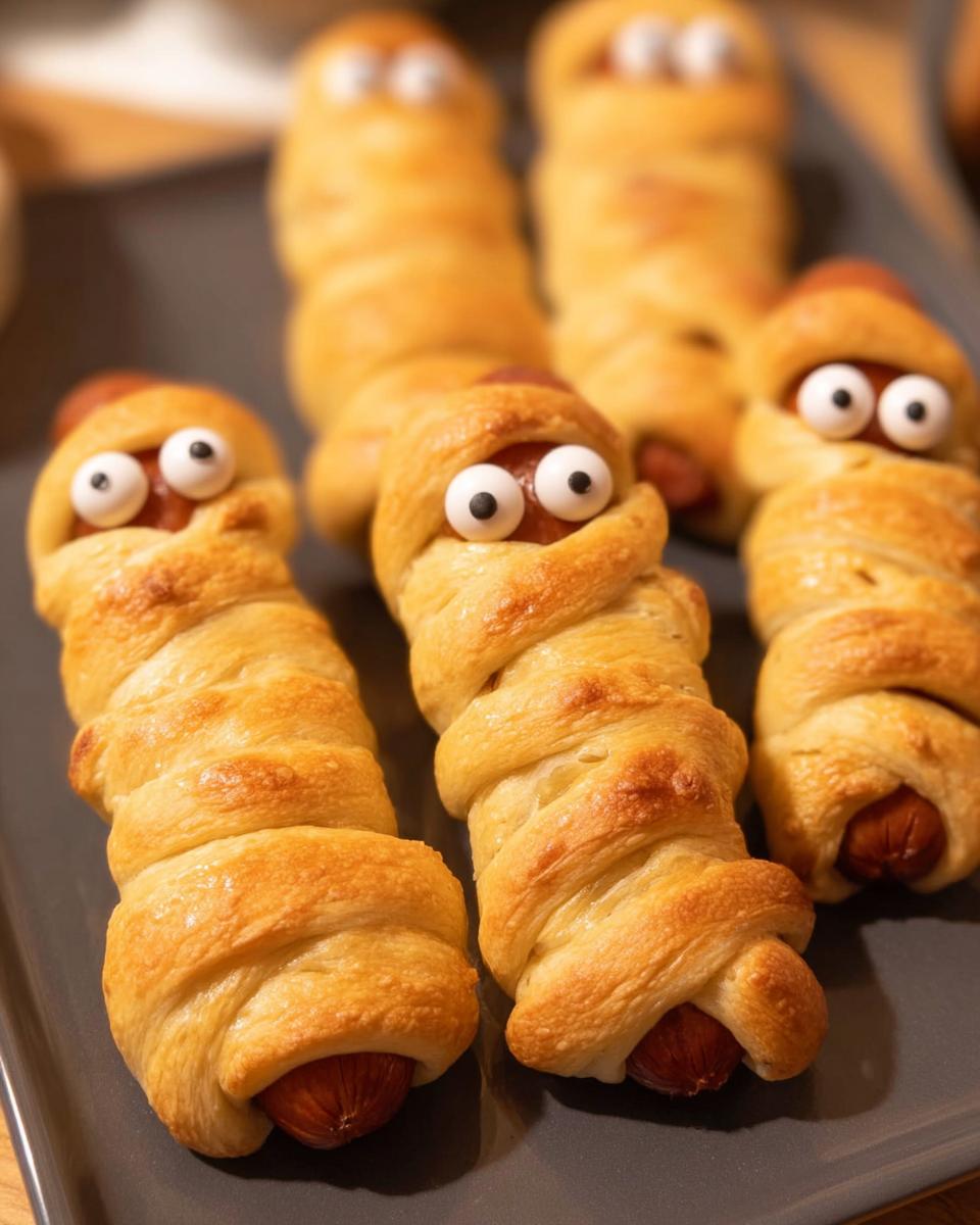 Close-up of golden brown Air Fryer Mummy Dogs wrapped in pastry dough with candy eyes peeking out.