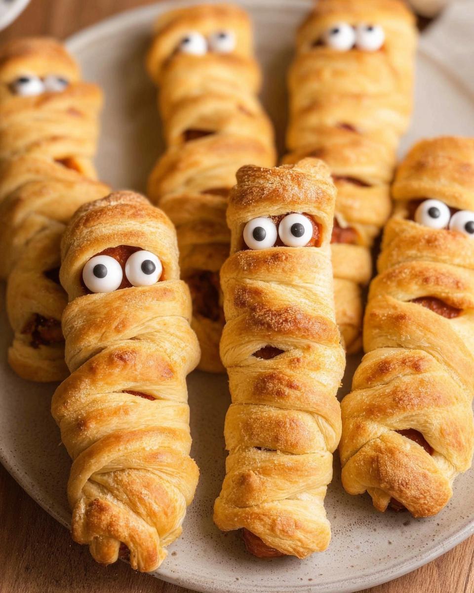 Close-up of Air Fryer Mummy Dogs with golden brown pastry and candy eyes peeking out.