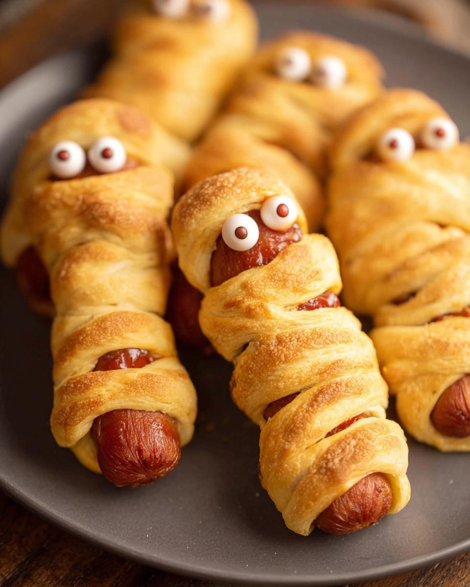 Close-up of Air Fryer Mummy Dogs wrapped in golden pastry with candy eyes, on a dark plate.