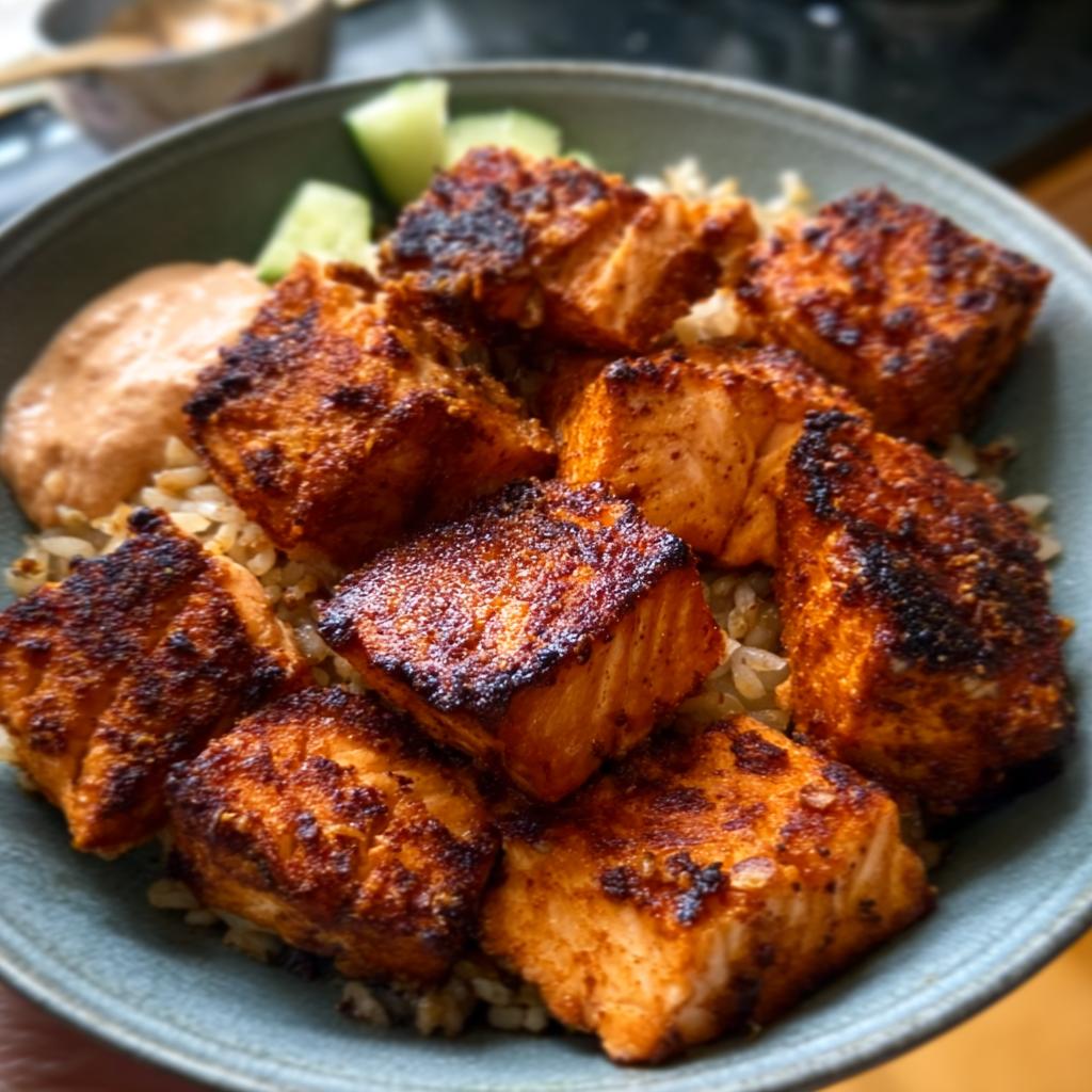 Close-up of a bowl filled with brown rice topped with crispy-edged Air Fryer Salmon cubes, cucumber, and sauce.