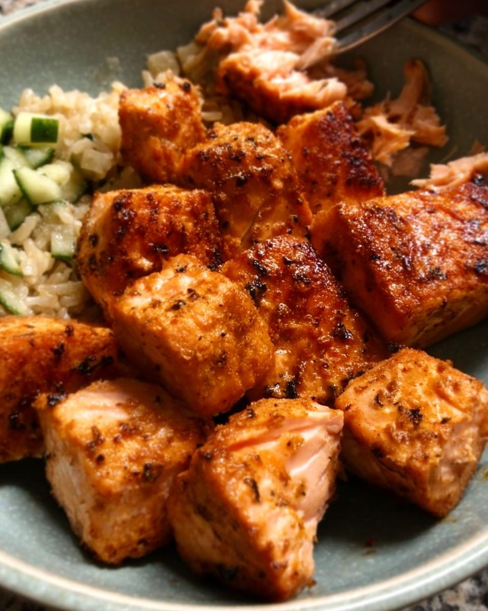 Close-up of seasoned, crispy-edged Air Fryer Salmon cubes served over brown rice with diced cucumber.