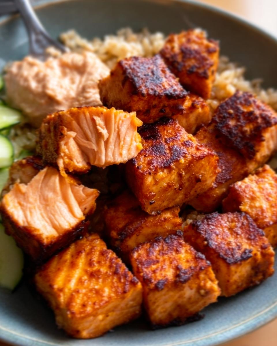 Close-up of seasoned, crispy Air Fryer Salmon bites served over brown rice with cucumber and sauce.