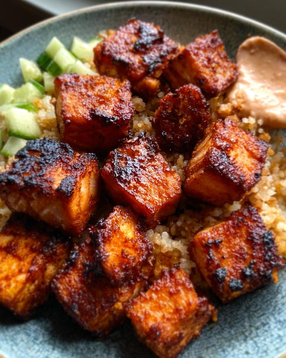 Close-up of crispy Air Fryer Salmon bites served over quinoa with diced cucumber and a side of sauce.