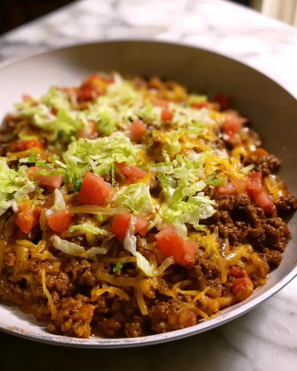A close-up view of a hearty Taco Skillet made with seasoned ground beef, melted cheese, topped with shredded lettuce and diced tomatoes.